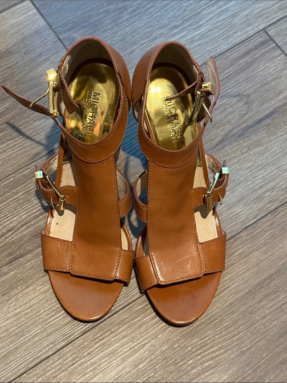 Michael Kors Tan Leather Ankle-Strap Heels with Gold Buckles